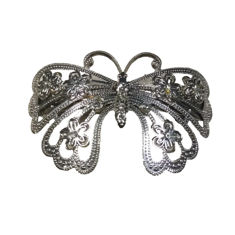 Butterfly Silver Tone Hair Barrette Tension Clip Rhinestone
